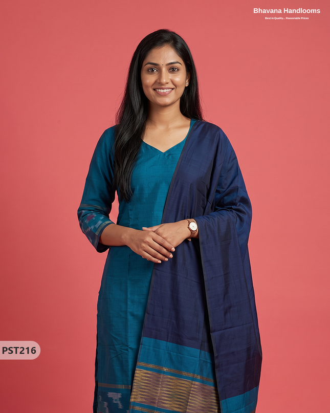 Pochampally Semi Pattu 3PC Kurti Set in Peacock Blue Colour | Ready-to-Wear Ethnic Wear