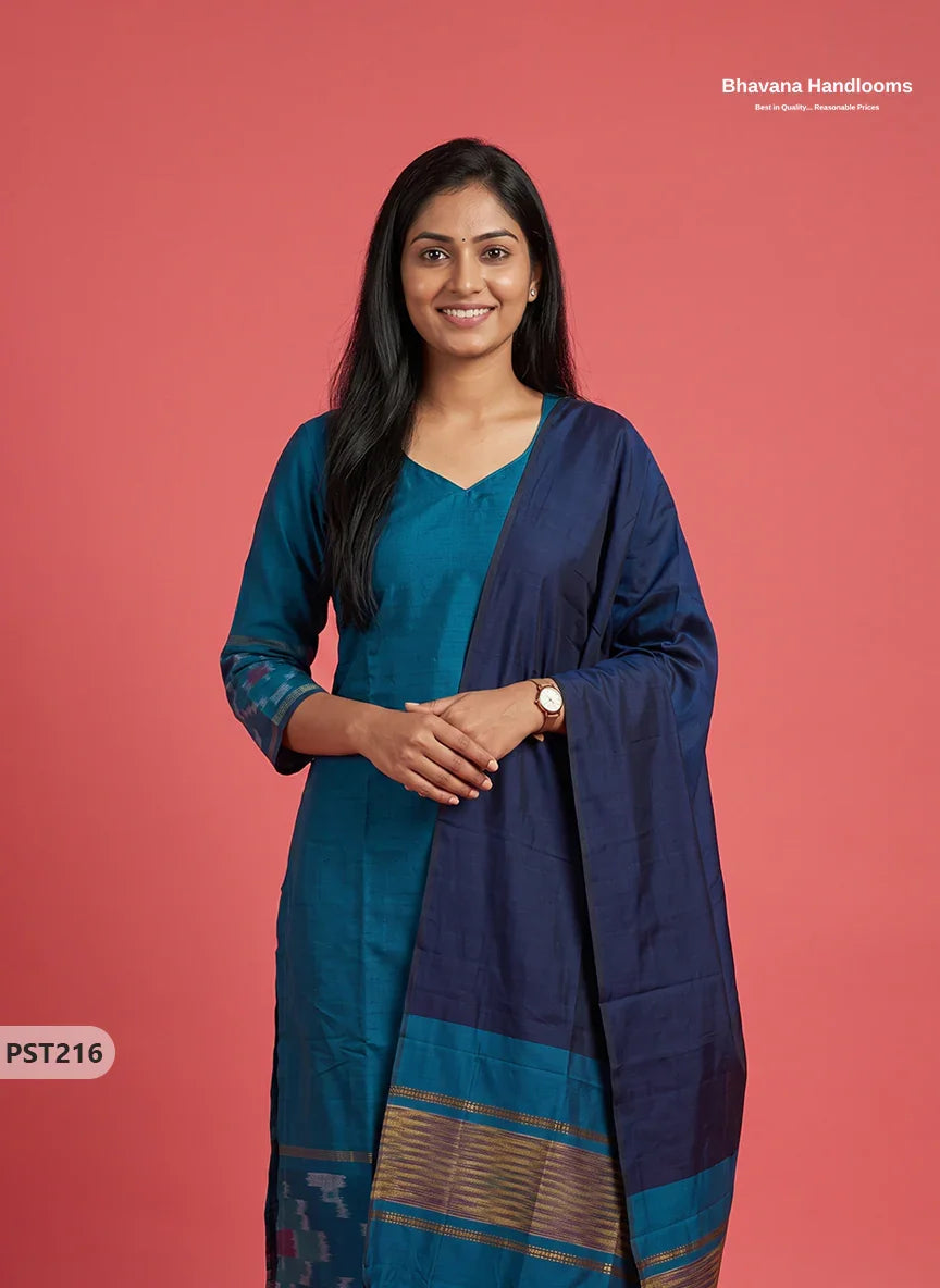 Pochampally Semi Pattu 3PC Kurti Set in Peacock Blue Colour | Ready-to-Wear Ethnic Wear