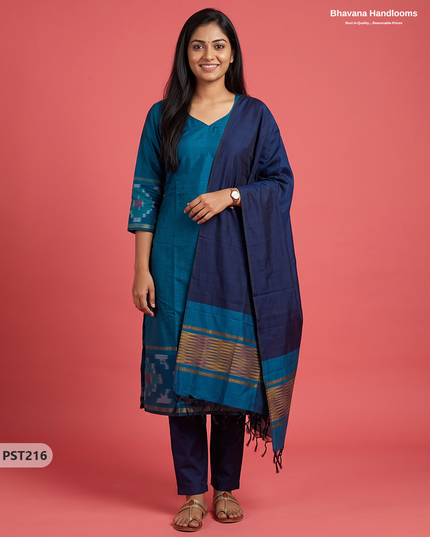 Pochampally Semi Pattu 3PC Kurti Set in Peacock Blue Colour | Ready-to-Wear Ethnic Wear