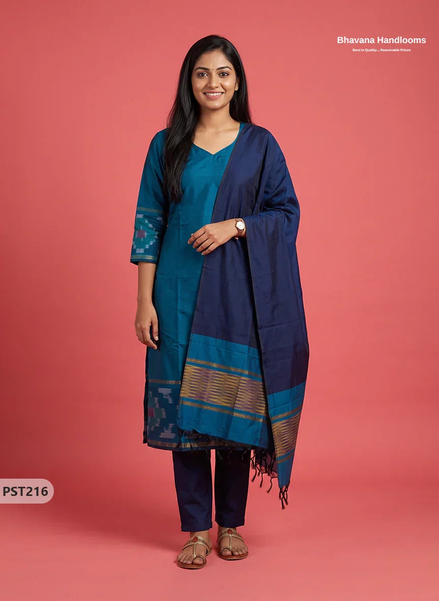 Pochampally Semi Pattu 3PC Kurti Set in Peacock Blue Colour | Ready-to-Wear Ethnic Wear