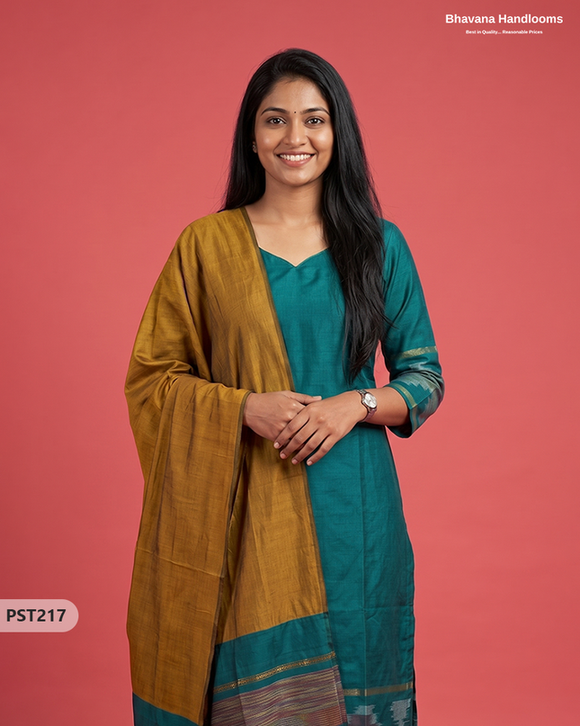Pochampally Semi Pattu 3PC Kurti Set in Peacock Teal Green Colour | Ready-to-Wear Ethnic Wear