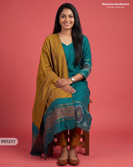 Pochampally Semi Pattu 3PC Kurti Set in Peacock Teal Green Colour | Ready-to-Wear Ethnic Wear