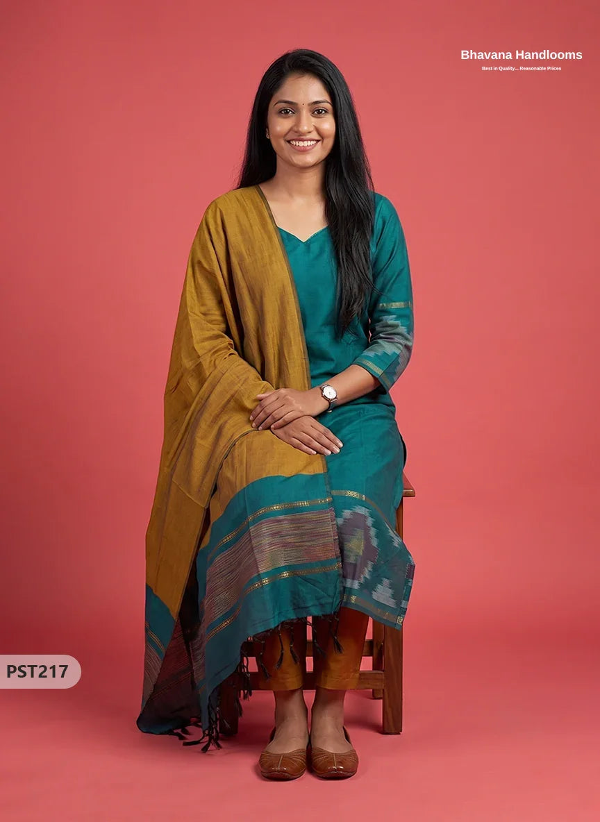 Pochampally Semi Pattu 3PC Kurti Set in Peacock Teal Green Colour | Ready-to-Wear Ethnic Wear