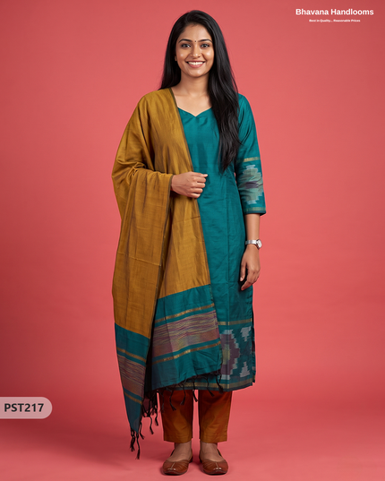 Pochampally Semi Pattu 3PC Kurti Set in Peacock Teal Green Colour | Ready-to-Wear Ethnic Wear