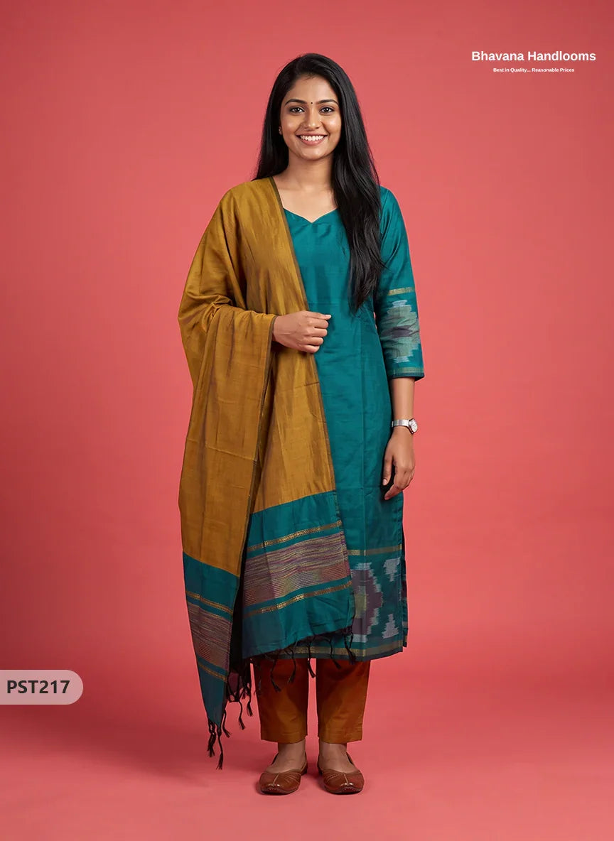 Pochampally Semi Pattu 3PC Kurti Set in Peacock Teal Green Colour | Ready-to-Wear Ethnic Wear