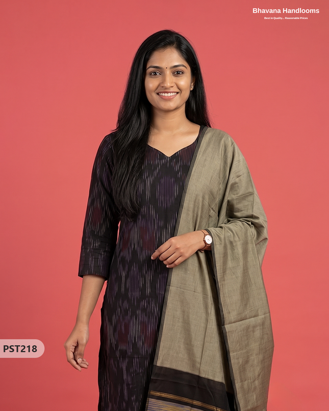 Pochampally Semi Pattu 3PC Kurti Set in Black Colour | Ready-to-Wear Ethnic Wear