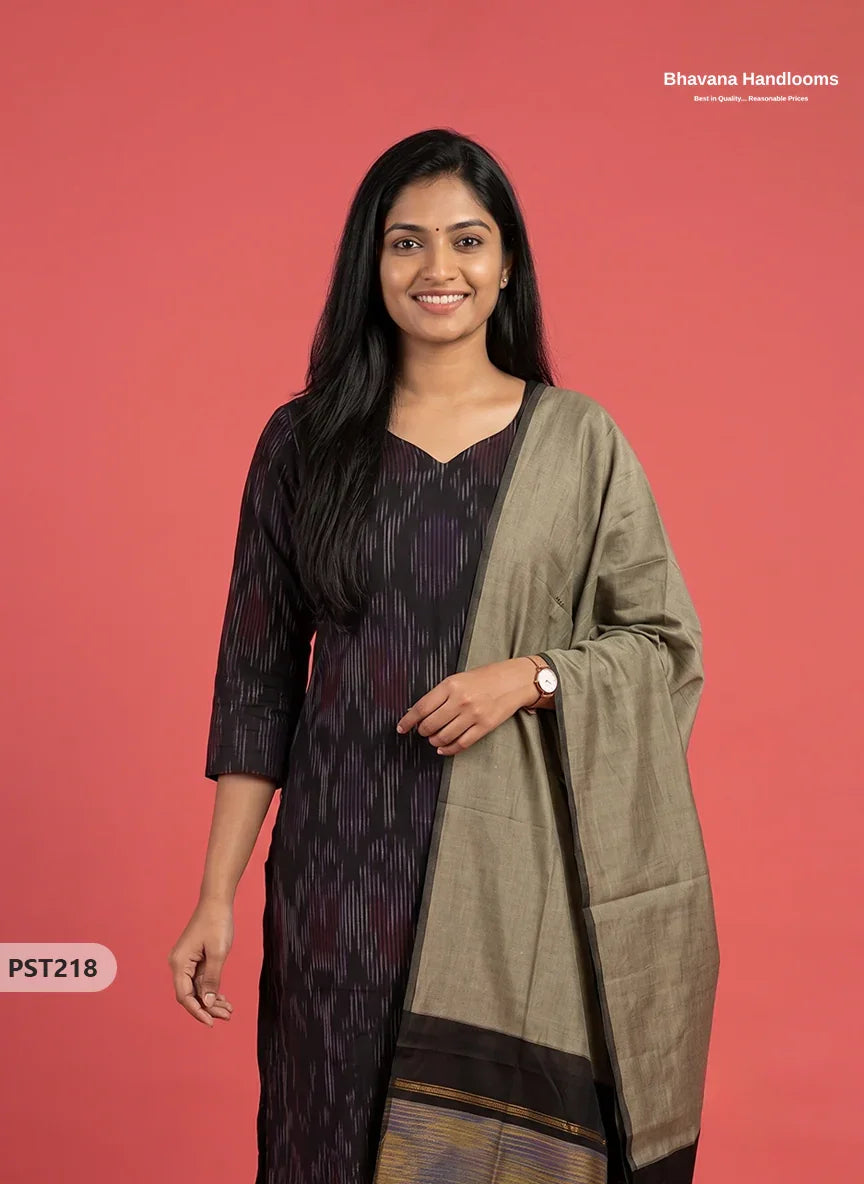 Pochampally Semi Pattu 3PC Kurti Set in Black Colour | Ready-to-Wear Ethnic Wear