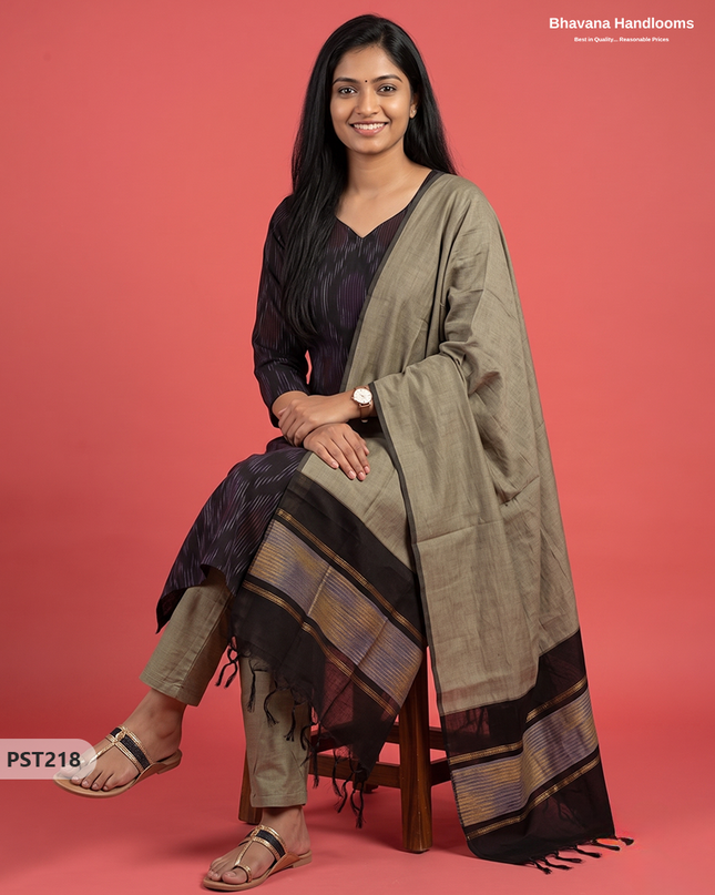 Pochampally Semi Pattu 3PC Kurti Set in Black Colour | Ready-to-Wear Ethnic Wear