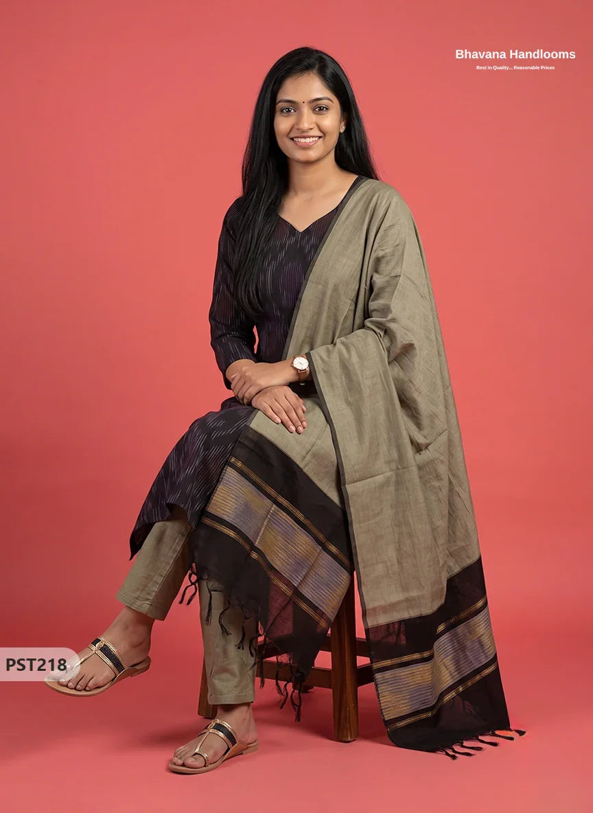 Pochampally Semi Pattu 3PC Kurti Set in Black Colour | Ready-to-Wear Ethnic Wear