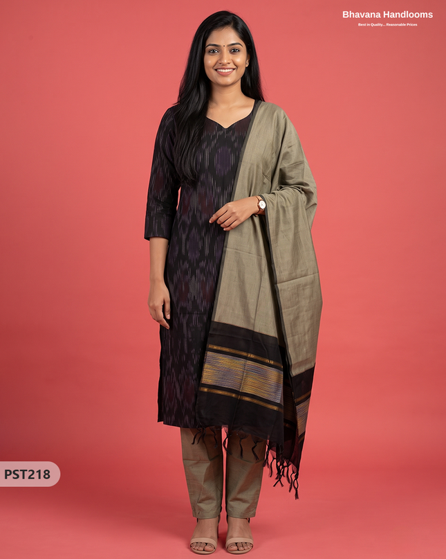 Pochampally Semi Pattu 3PC Kurti Set in Black Colour | Ready-to-Wear Ethnic Wear