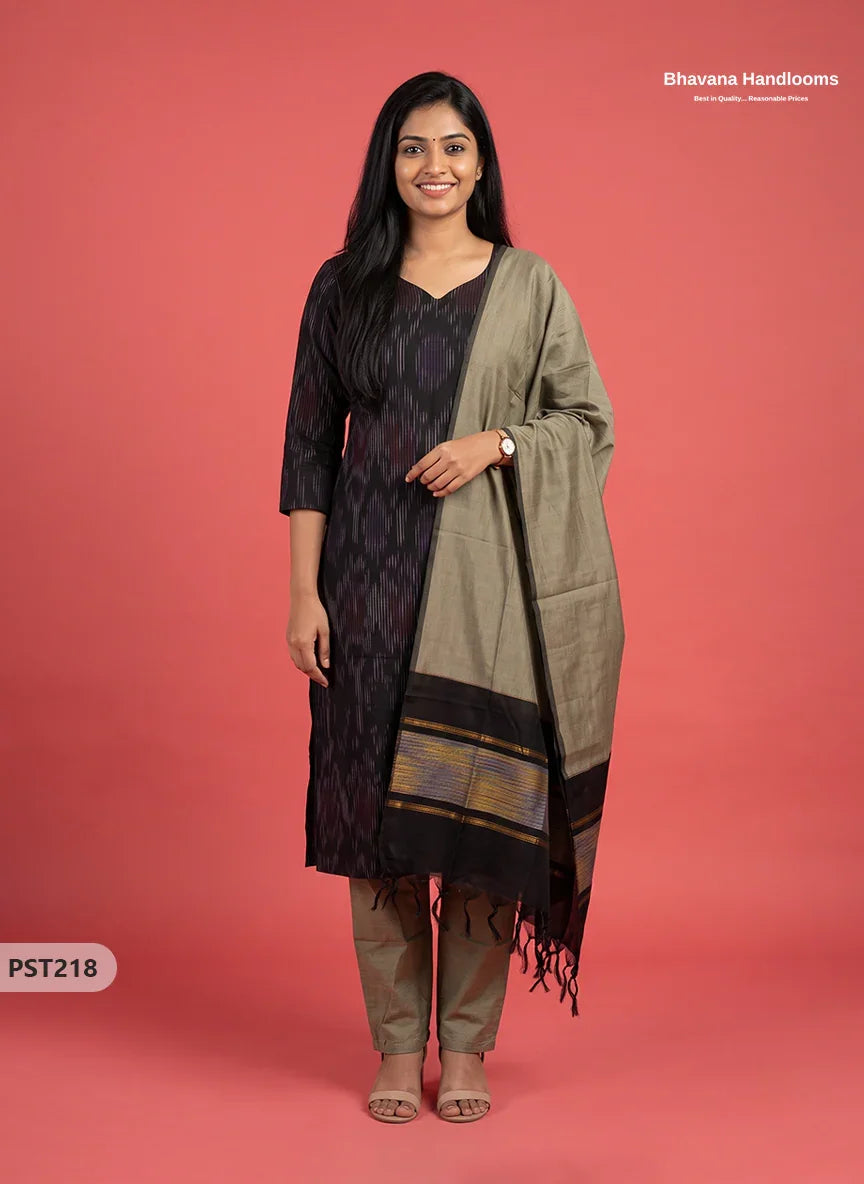 Pochampally Semi Pattu 3PC Kurti Set in Black Colour | Ready-to-Wear Ethnic Wear