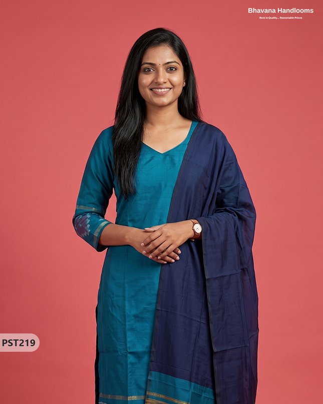Pochampally Semi Pattu 3PC Kurti Set in Peacock Blue Colour | Ready-to-Wear Ethnic Wear