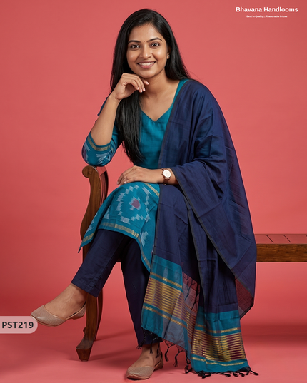 Pochampally Semi Pattu 3PC Kurti Set in Peacock Blue Colour | Ready-to-Wear Ethnic Wear