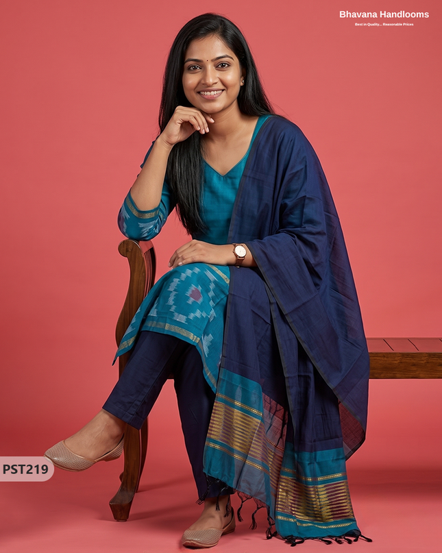 Pochampally Semi Pattu 3PC Kurti Set in Peacock Blue Colour | Ready-to-Wear Ethnic Wear