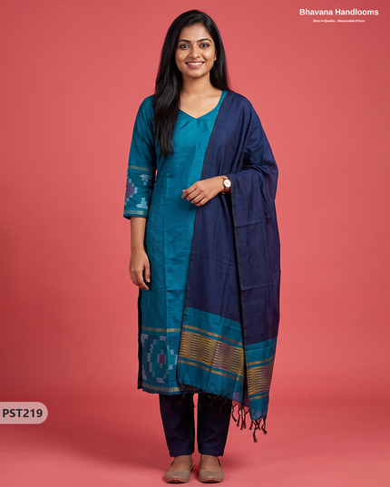 Pochampally Semi Pattu 3PC Kurti Set in Peacock Blue Colour | Ready-to-Wear Ethnic Wear