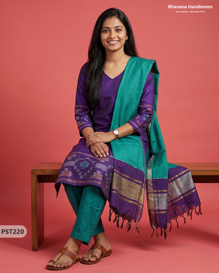 Pochampally Semi Pattu 3PC Kurti Set in Royal Purple Colour | Ready-to-Wear Ethnic Wear