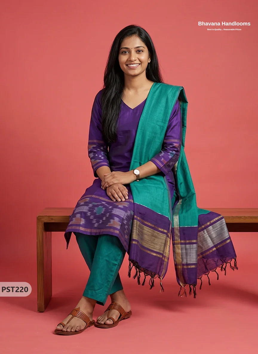 Pochampally Semi Pattu 3PC Kurti Set in Royal Purple Colour | Ready-to-Wear Ethnic Wear