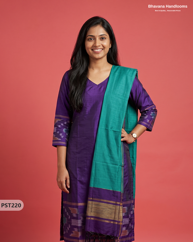 Pochampally Semi Pattu 3PC Kurti Set in Royal Purple Colour | Ready-to-Wear Ethnic Wear