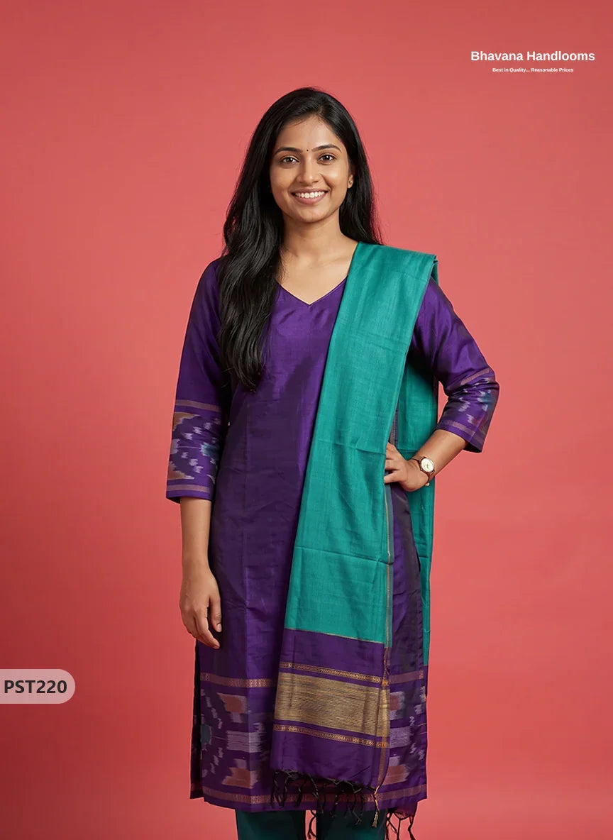 Pochampally Semi Pattu 3PC Kurti Set in Royal Purple Colour | Ready-to-Wear Ethnic Wear
