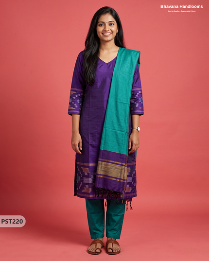 Pochampally Semi Pattu 3PC Kurti Set in Royal Purple Colour | Ready-to-Wear Ethnic Wear