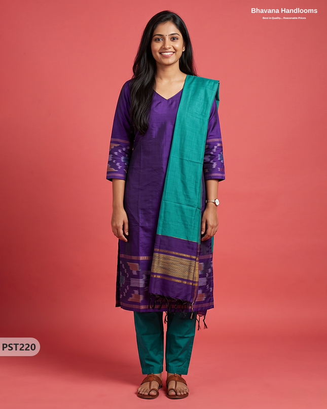 Pochampally Semi Pattu 3PC Kurti Set in Royal Purple Colour | Ready-to-Wear Ethnic Wear