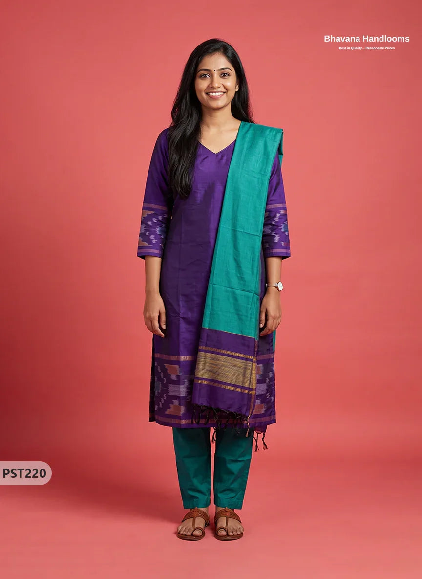 Pochampally Semi Pattu 3PC Kurti Set in Royal Purple Colour | Ready-to-Wear Ethnic Wear