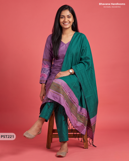 Pochampally Semi Pattu 3PC Kurti Set in Muted Lavender Colour | Ready-to-Wear Ethnic Wear