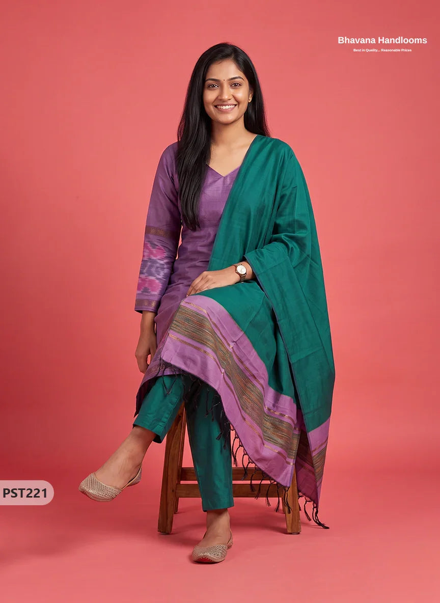 Pochampally Semi Pattu 3PC Kurti Set in Muted Lavender Colour | Ready-to-Wear Ethnic Wear