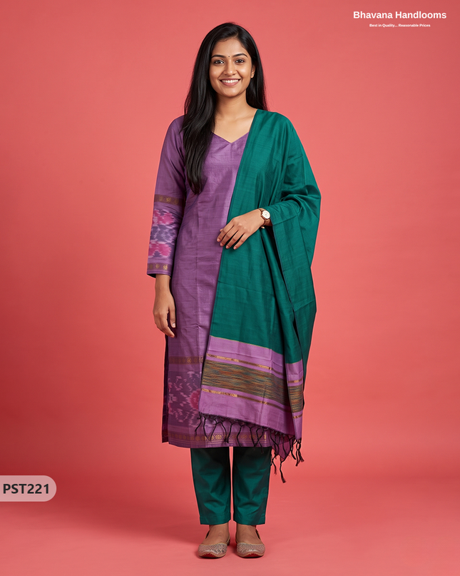 Pochampally Semi Pattu 3PC Kurti Set in Muted Lavender Colour | Ready-to-Wear Ethnic Wear