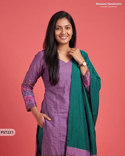 Pochampally Semi Pattu 3PC Kurti Set in Muted Lavender Colour | Ready-to-Wear Ethnic Wear