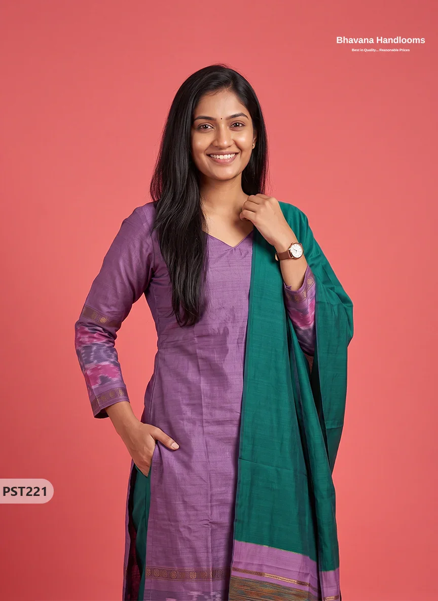 Pochampally Semi Pattu 3PC Kurti Set in Muted Lavender Colour | Ready-to-Wear Ethnic Wear