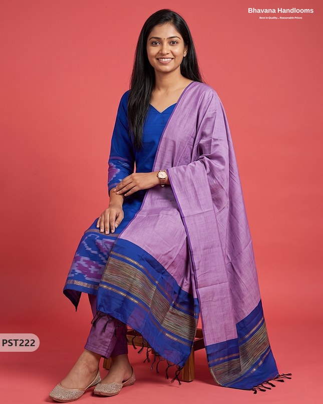 Pochampally Semi Pattu 3PC Kurti Set in Royal Blue Colour | Ready-to-Wear Ethnic Wear