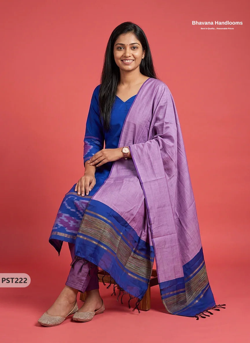 Pochampally Semi Pattu 3PC Kurti Set in Royal Blue Colour | Ready-to-Wear Ethnic Wear