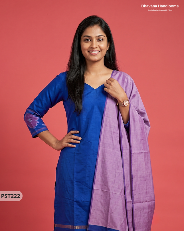 Pochampally Semi Pattu 3PC Kurti Set in Royal Blue Colour | Ready-to-Wear Ethnic Wear