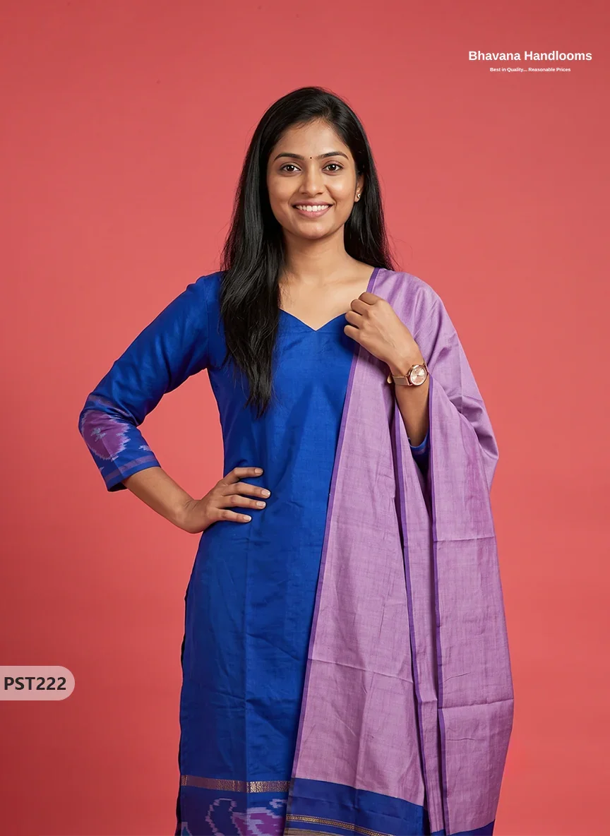 Pochampally Semi Pattu 3PC Kurti Set in Royal Blue Colour | Ready-to-Wear Ethnic Wear