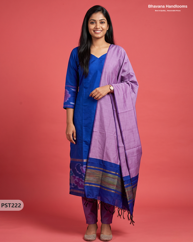 Pochampally Semi Pattu 3PC Kurti Set in Royal Blue Colour | Ready-to-Wear Ethnic Wear