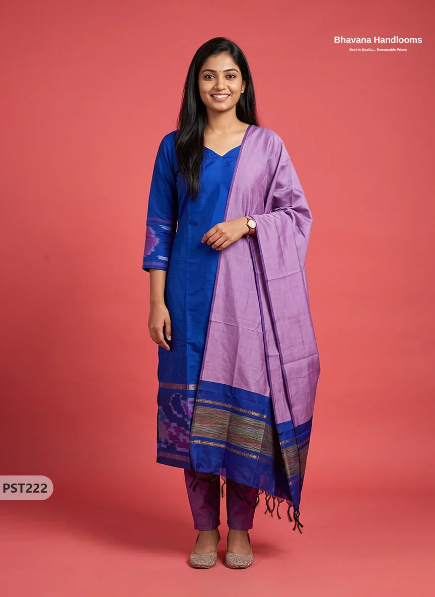 Pochampally Semi Pattu 3PC Kurti Set in Royal Blue Colour | Ready-to-Wear Ethnic Wear