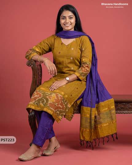 Pochampally Semi Pattu 3PC Kurti Set in Mustard Yellow Colour | Ready-to-Wear Ethnic Wear