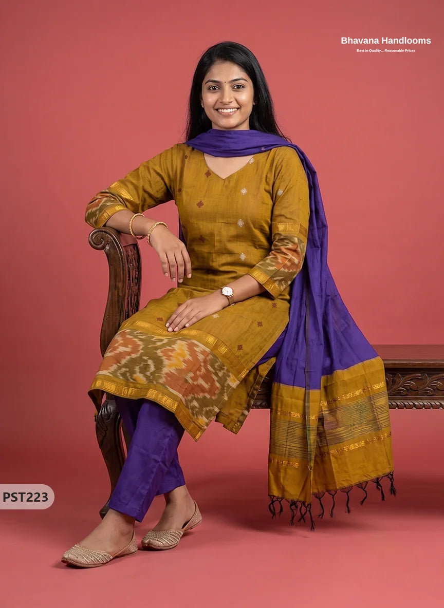 Pochampally Semi Pattu 3PC Kurti Set in Mustard Yellow Colour | Ready-to-Wear Ethnic Wear