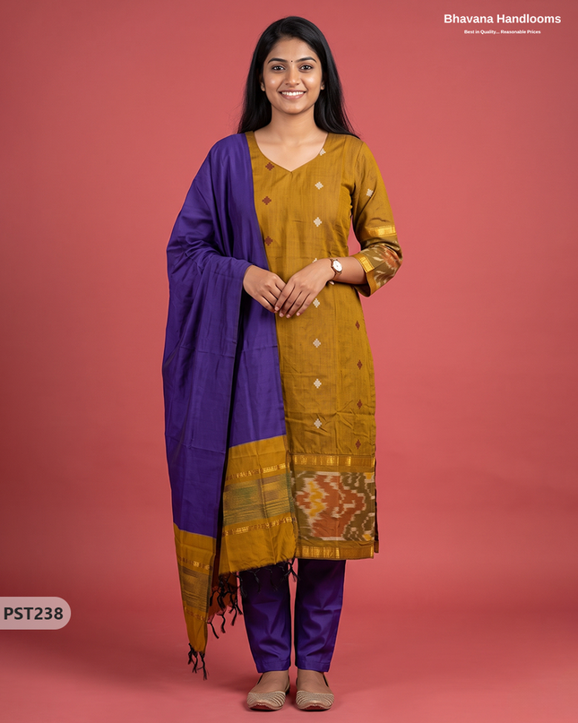 Pochampally Semi Pattu 3PC Kurti Set in Mustard Yellow Colour | Ready-to-Wear Ethnic Wear
