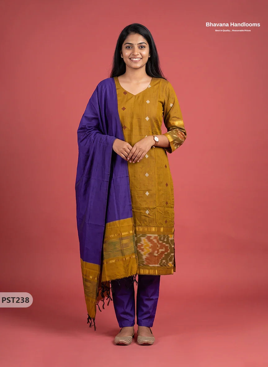 Pochampally Semi Pattu 3PC Kurti Set in Mustard Yellow Colour | Ready-to-Wear Ethnic Wear