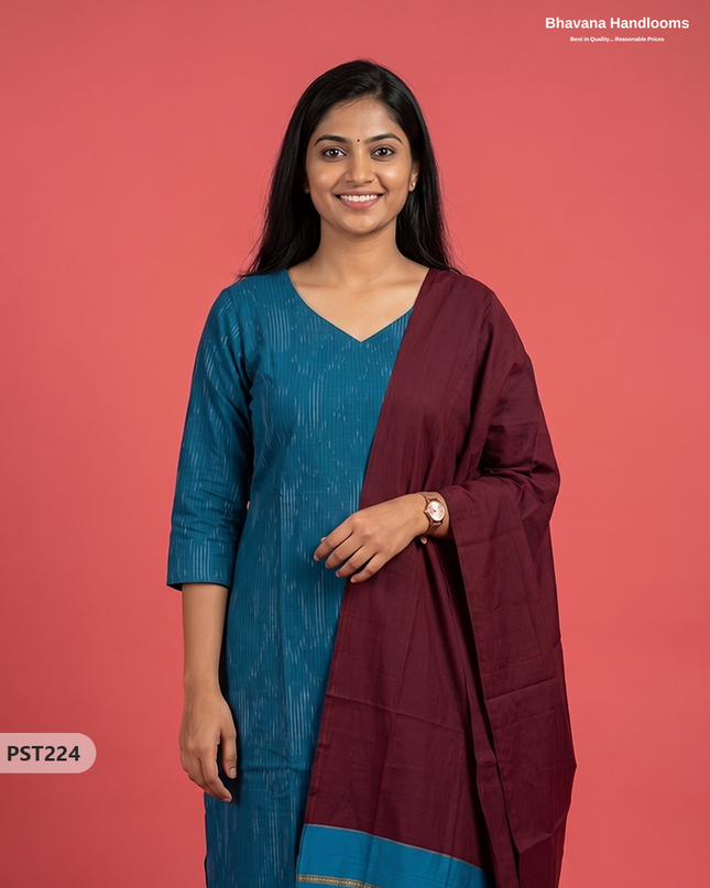 Pochampally Semi Pattu 3PC Kurti Set in Peacock Blue Colour | Ready-to-Wear Ethnic Wear