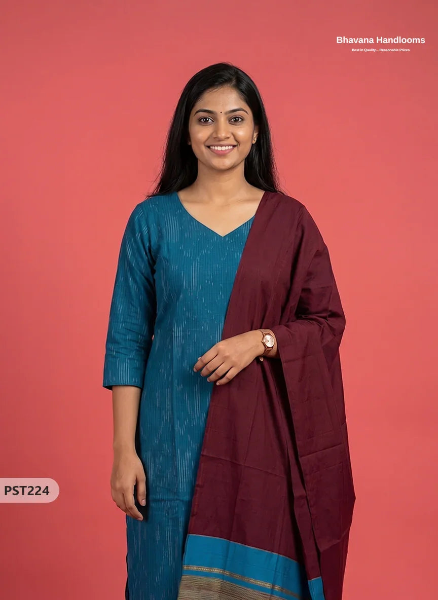 Pochampally Semi Pattu 3PC Kurti Set in Peacock Blue Colour | Ready-to-Wear Ethnic Wear