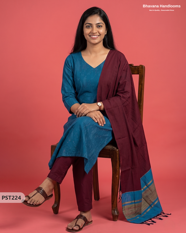 Pochampally Semi Pattu 3PC Kurti Set in Peacock Blue Colour | Ready-to-Wear Ethnic Wear