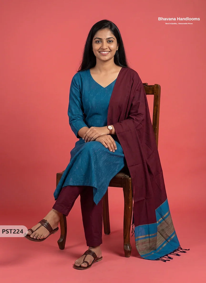 Pochampally Semi Pattu 3PC Kurti Set in Peacock Blue Colour | Ready-to-Wear Ethnic Wear