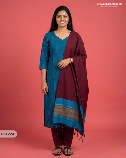 Pochampally Semi Pattu 3PC Kurti Set in Peacock Blue Colour | Ready-to-Wear Ethnic Wear