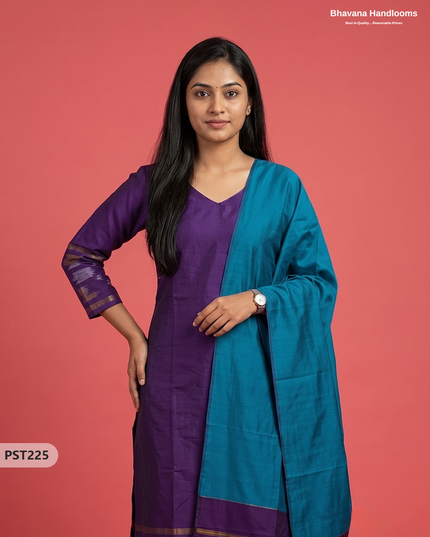 Pochampally Semi Pattu 3PC Kurti Set in Royal Purple Colour | Ready-to-Wear Ethnic Wear