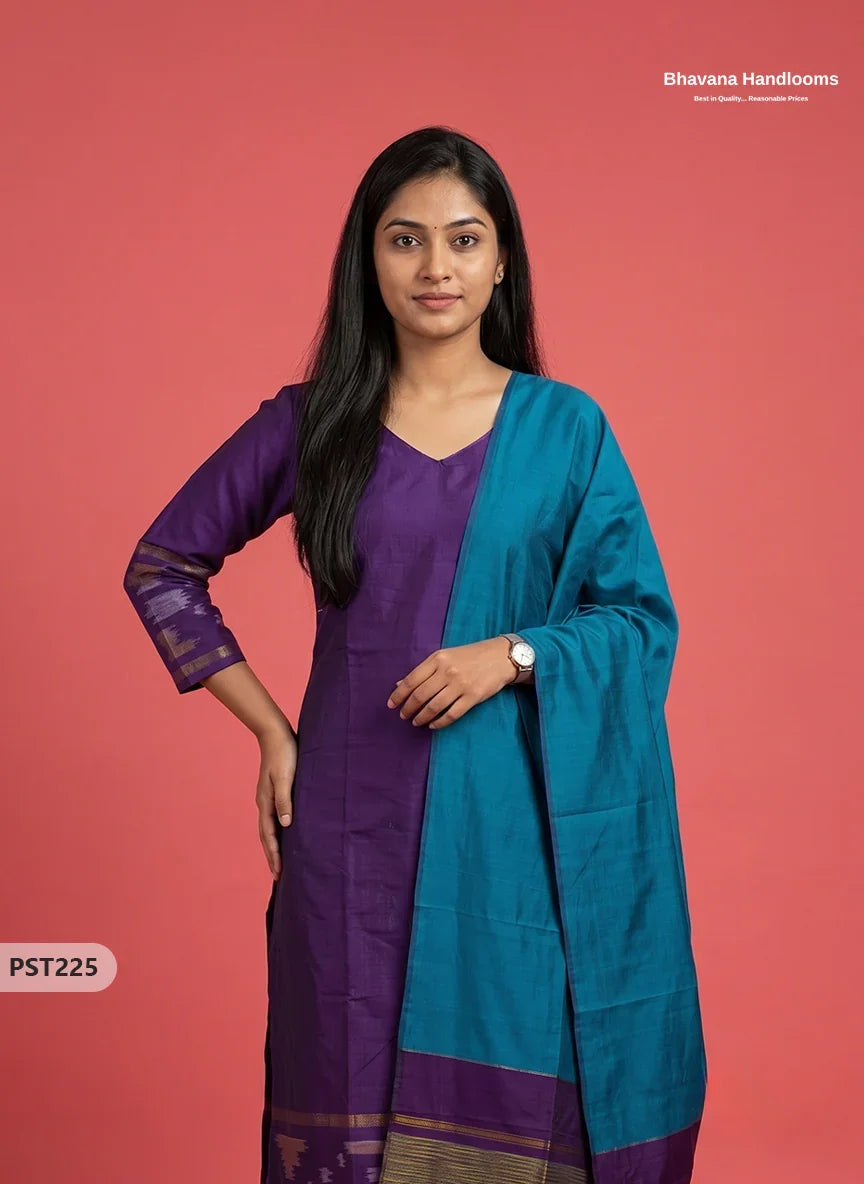 Pochampally Semi Pattu 3PC Kurti Set in Royal Purple Colour | Ready-to-Wear Ethnic Wear