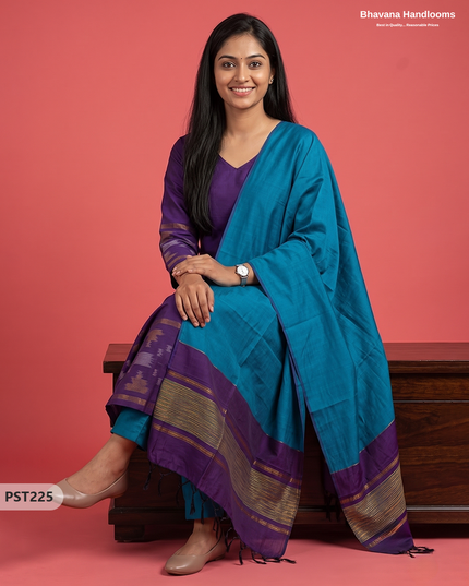 Pochampally Semi Pattu 3PC Kurti Set in Royal Purple Colour | Ready-to-Wear Ethnic Wear