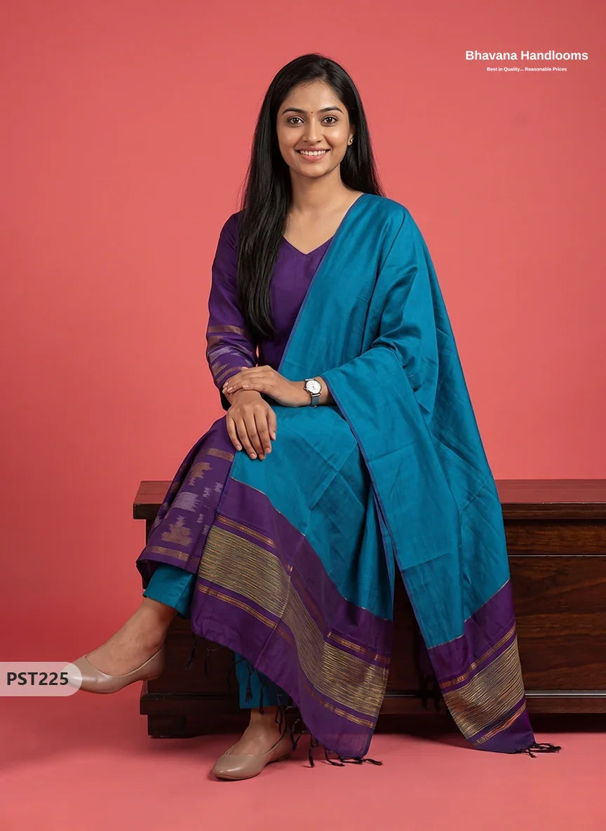 Pochampally Semi Pattu 3PC Kurti Set in Royal Purple Colour | Ready-to-Wear Ethnic Wear